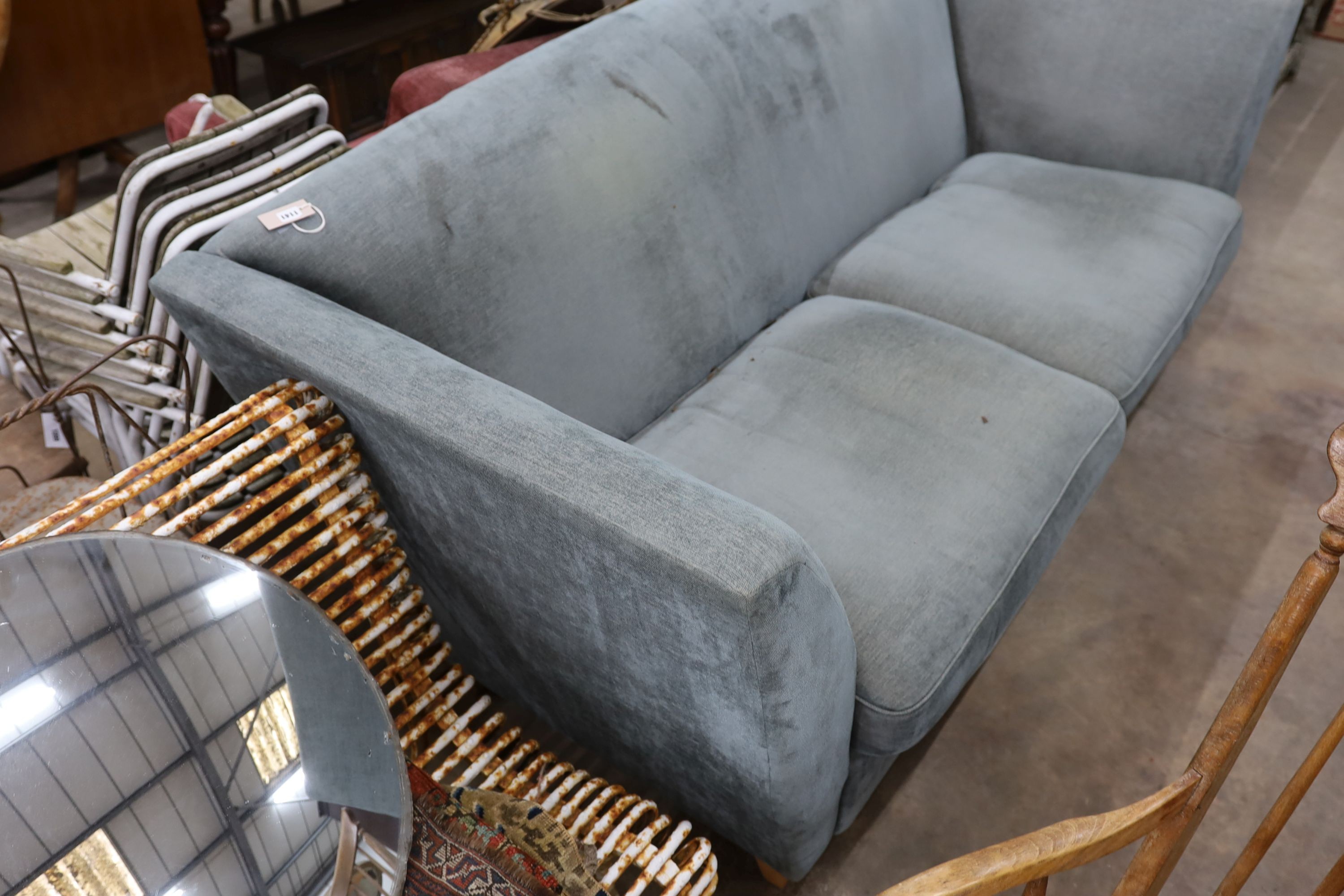 A large contemporary turquoise fabric sofa, length 230cm, depth 96cm, height 93cm